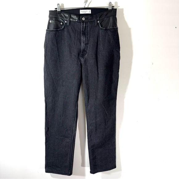 Abercrombie Mixed Fabric Ultra High Rise Ankle Straight Jeans Black Faux Leather - Picture 5 of 14